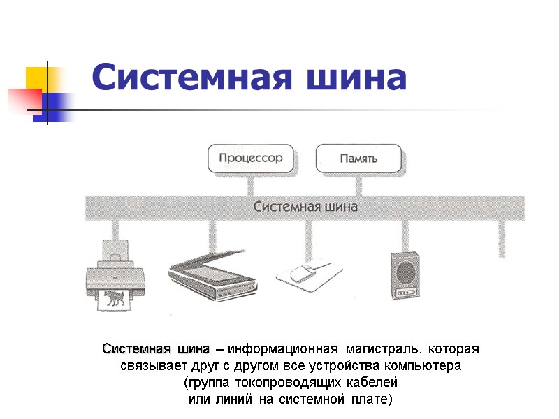Системная шина Системная шина – информационная магистраль, которая связывает друг с другом все устройства